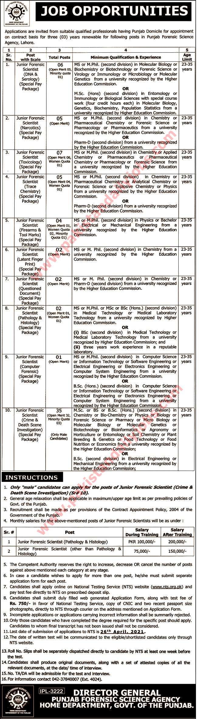 This is advertisement image of Punjab Forensic Science Agency 2 jobs