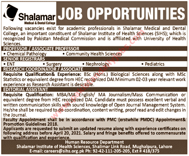 This is advertisement image of Shalamar Medical and Dental College jobs