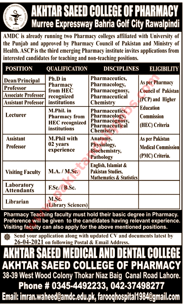 This is advertisement image of Akhtar Saeed College of Pharmacy jobs