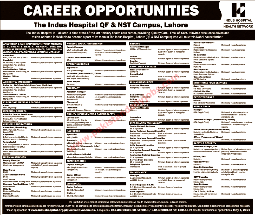 This is advertisement image of Indus Hospital Lahore jobs