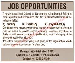 This is advertisement image of College for Nursing and Allied Sciences Islamabad jobs