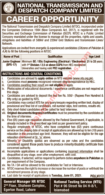 This is advertisement image of National Transmission and Despatch Company Limited jobs