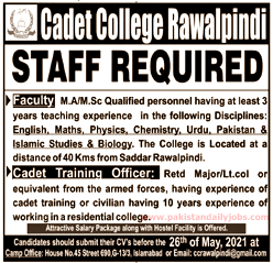 This is advertisement image of Teaching Jobs Cadet College Rawalpindi jobs