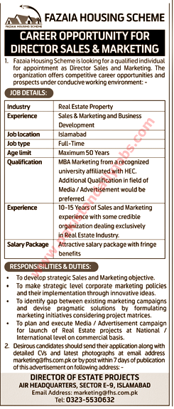 This is advertisement Fazaia Housing Scheme Islamabad jobs