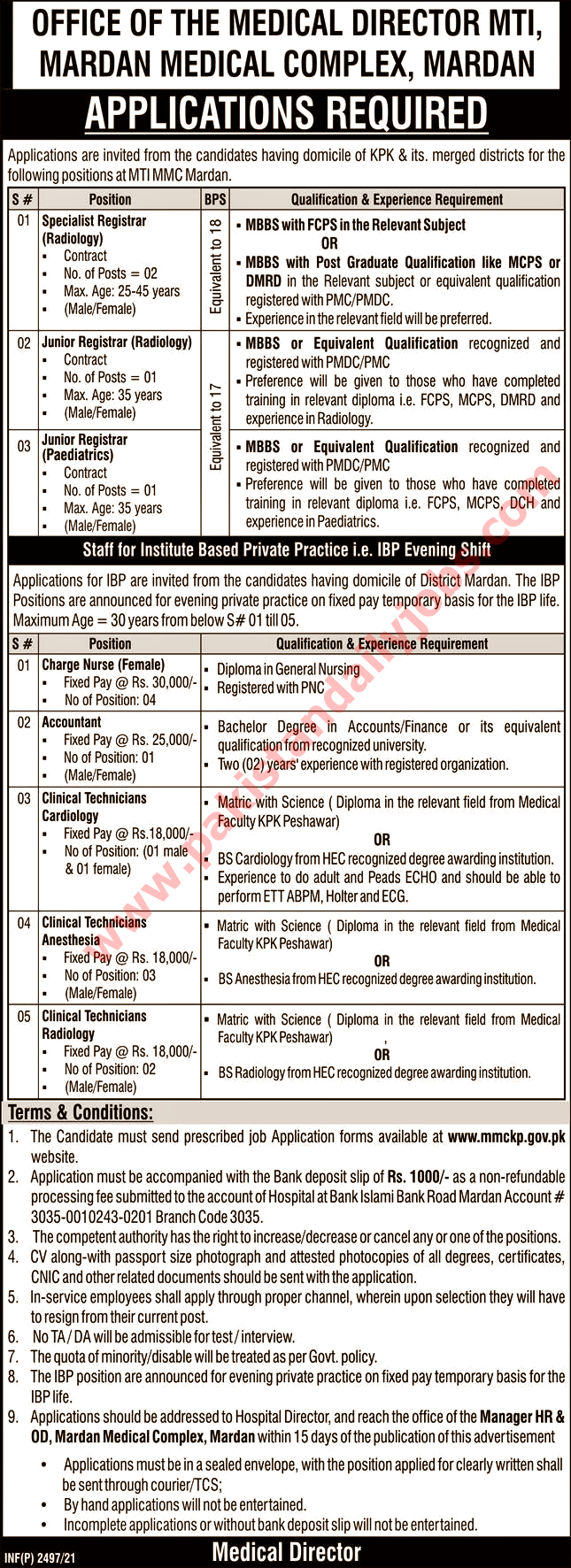 This is advertisement image of Office of the Medical Director MTI, Mardan Complex, Mardan jobs